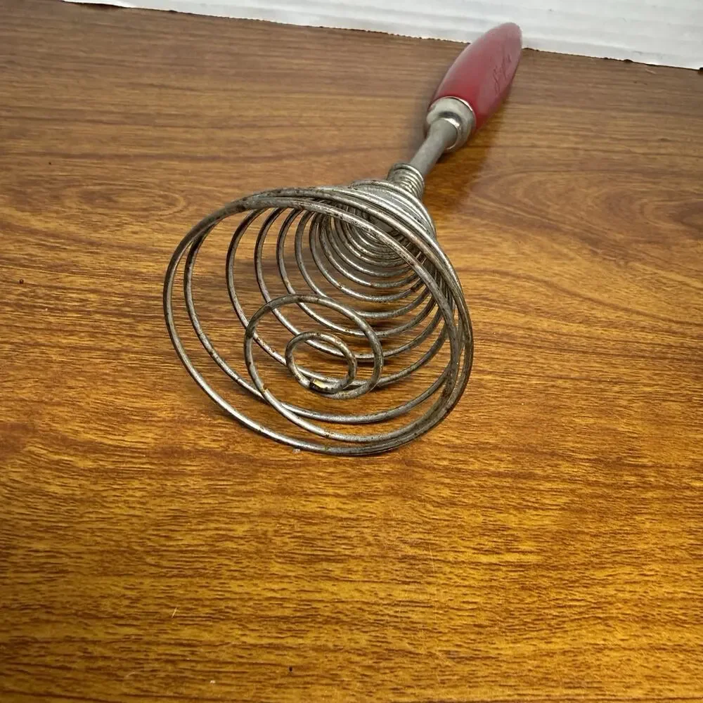 Vintage SIEGLER WARM FLOOR HEATERS Red Wood Handle Whisk 9 1/2” Whirly Whipper